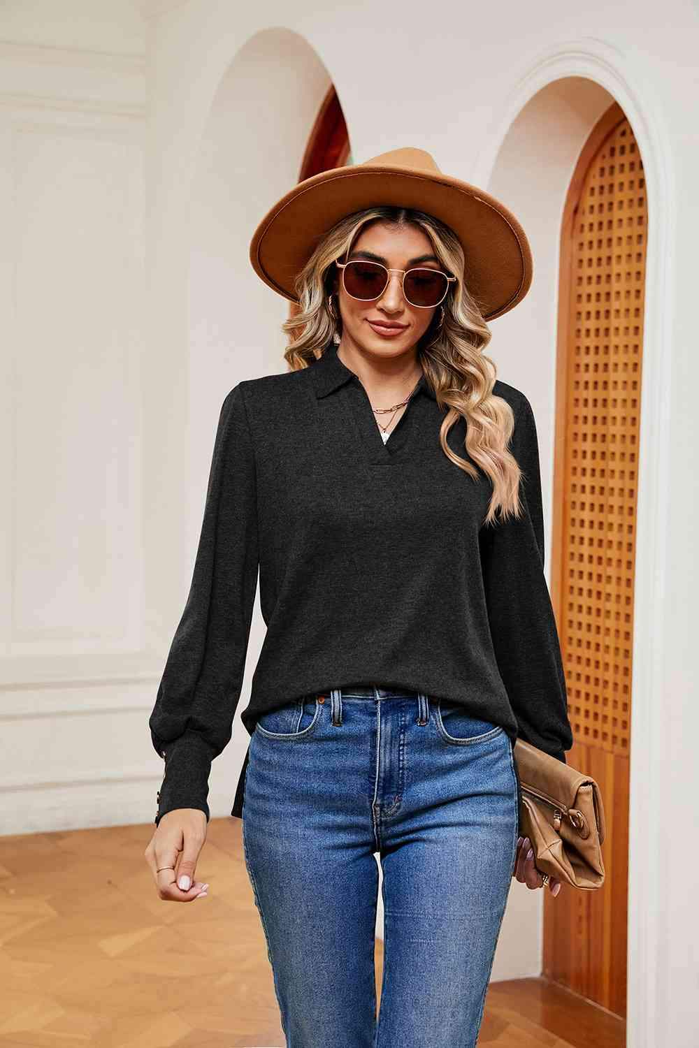 Johnny Collar Long Sleeve Top Black Blouses - Tophatter Daily Deals