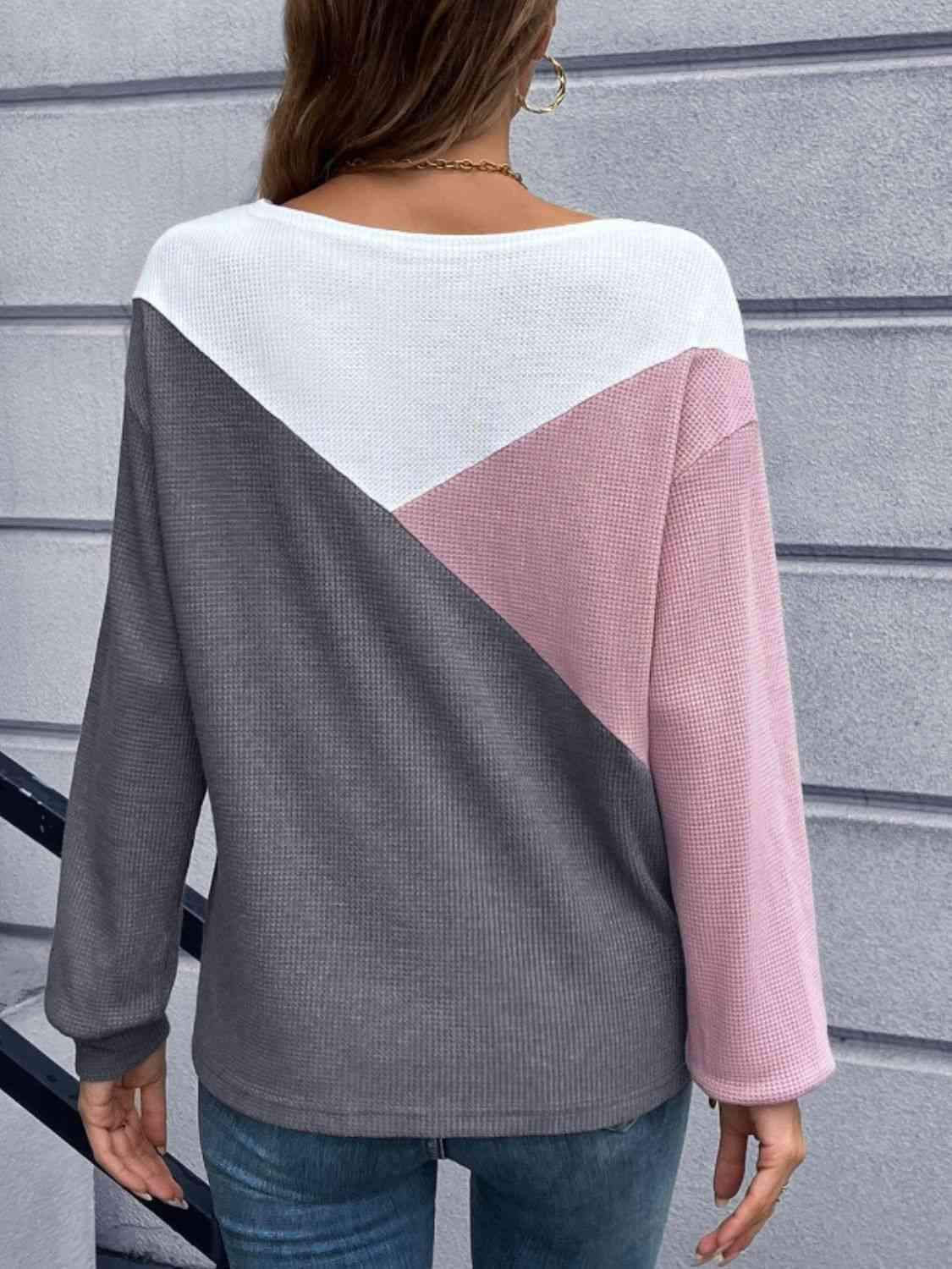 Color Block Round Neck Top Blouses - Tophatter Daily Deals