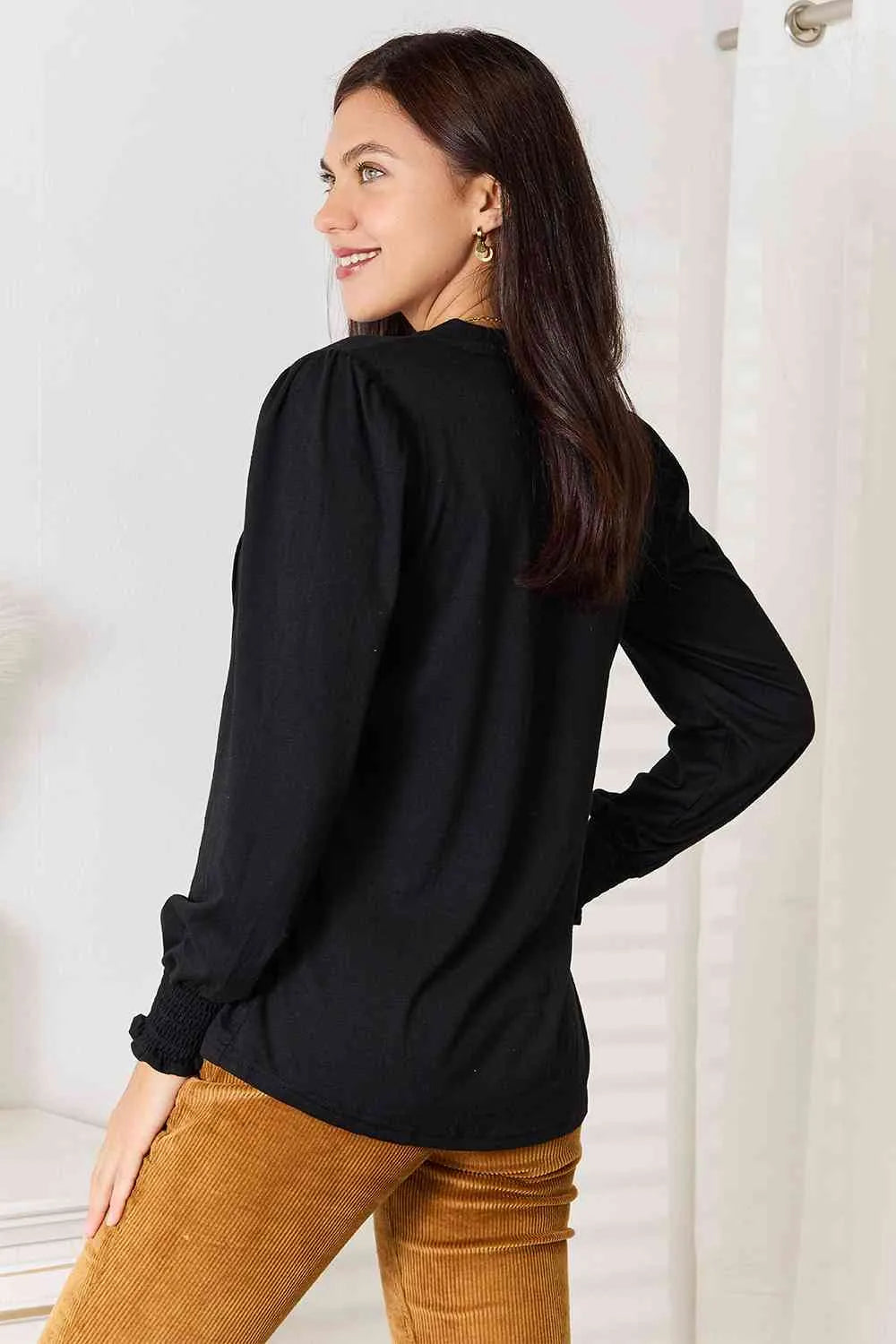 Double Take Ruched Notched Neck Puff Sleeve Blouse Blouses - Tophatter Daily Deals