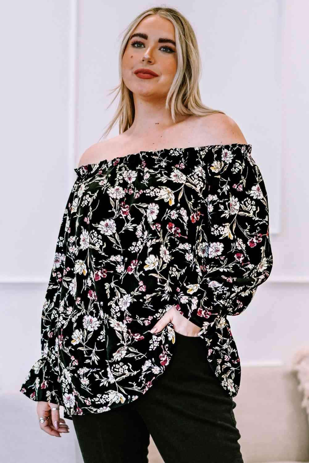 Plus Size Floral Frilled Off-Shoulder Blouse Black Blouses - Tophatter Daily Deals