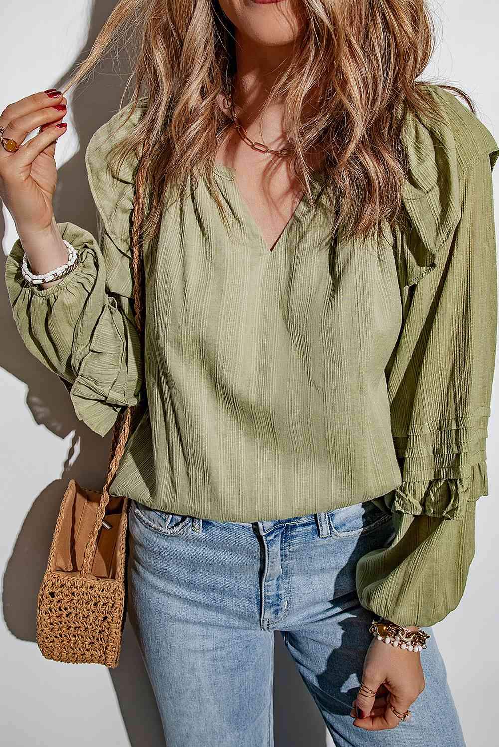 Ruffled Notched Neck Balloon Sleeve Blouse Blouses - Tophatter Daily Deals