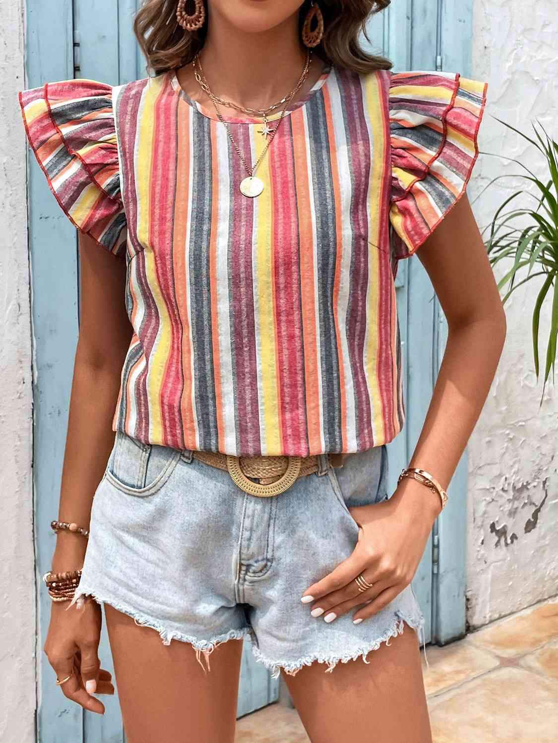 Cap Sleeve Striped Top Multicolor Women's T-Shirts - Tophatter Daily Deals