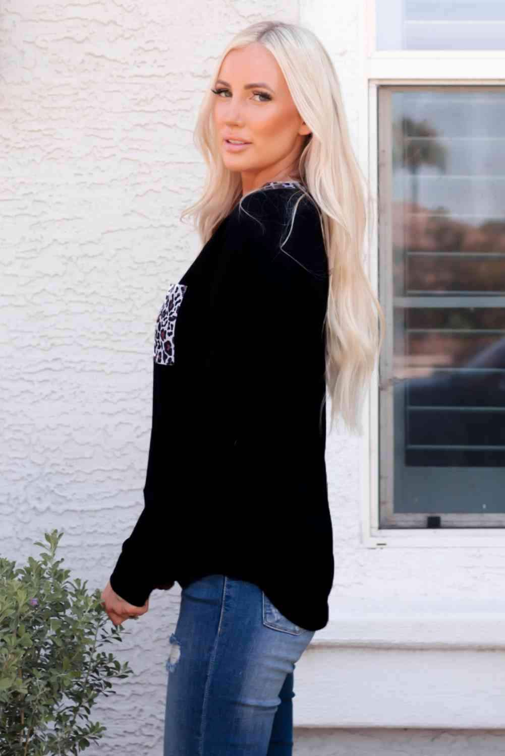 Leopard Contrast Long Sleeve Tee Women's T-Shirts - Tophatter Daily Deals