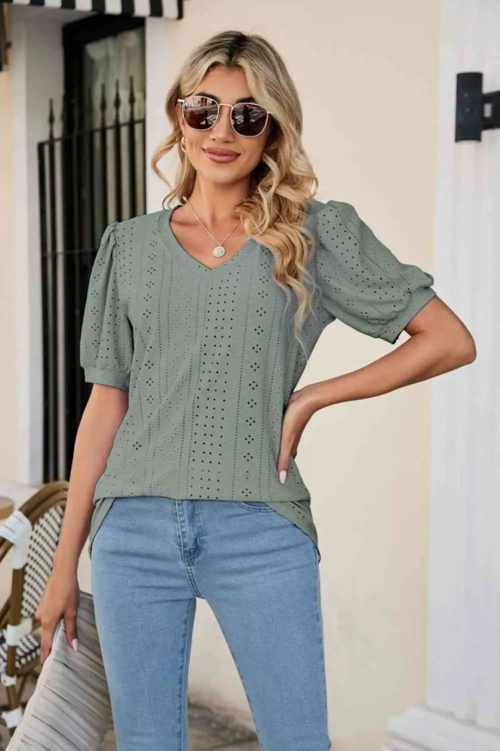 Eyelet Puff Sleeve V-Neck Top Sage Blouses - Tophatter Daily Deals