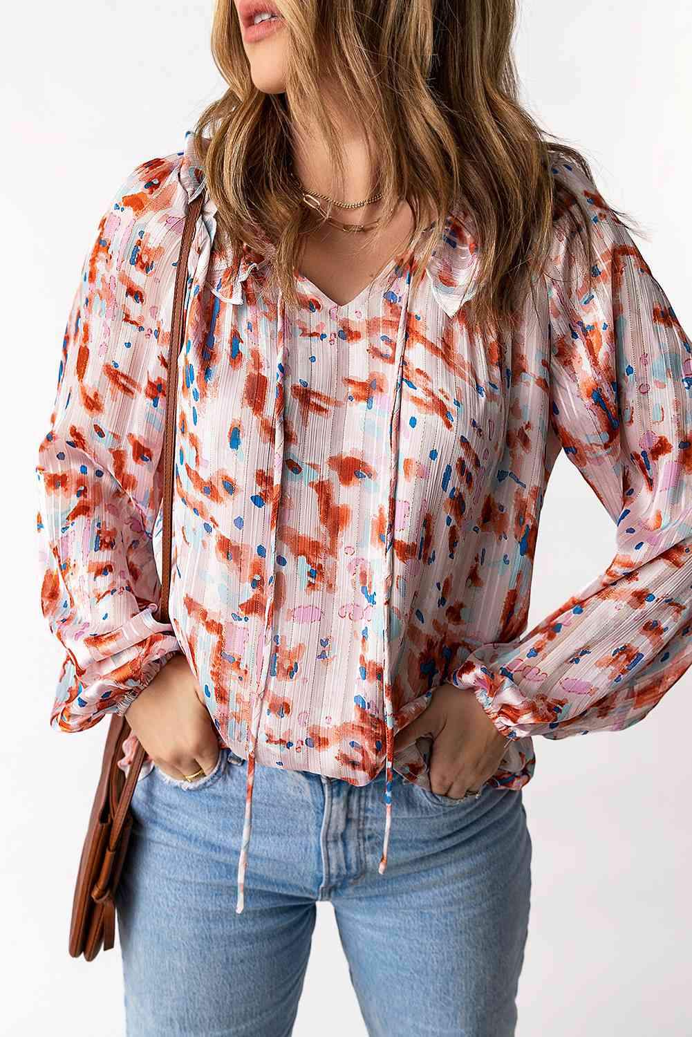 Printed Ruffled Balloon Sleeve Blouse Multicolor M Blouses - Tophatter Daily Deals