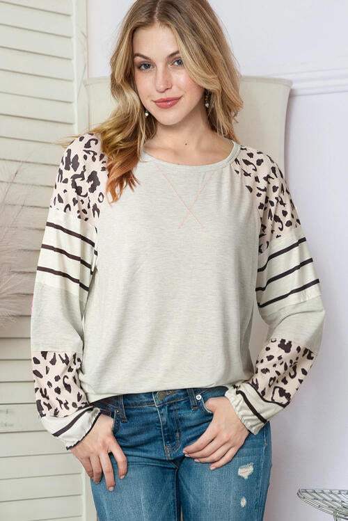 Leopard Round Neck Long Sleeve Top Ivory Blouses - Tophatter Daily Deals