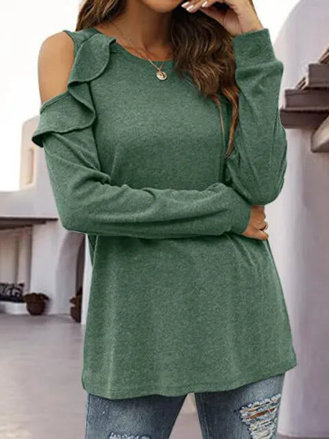 Round Neck Ruffled Cold-Shoulder Blouse Blouses - Tophatter Daily Deals