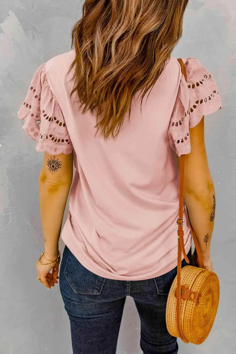 Round Neck Openwork Flutter Sleeve Top Blouses - Tophatter Daily Deals