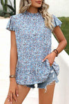 Ditsy Floral Mock Neck Short Sleeve T-Shirt Misty Blue Women's T-Shirts - Tophatter Daily Deals