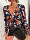 Smocked Floral Print V-Neck Lantern Sleeve Blouse Blouses - Tophatter Daily Deals