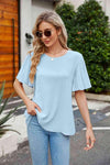 Pleated Flutter Sleeve Round Neck Blouse Blouses - Tophatter Daily Deals