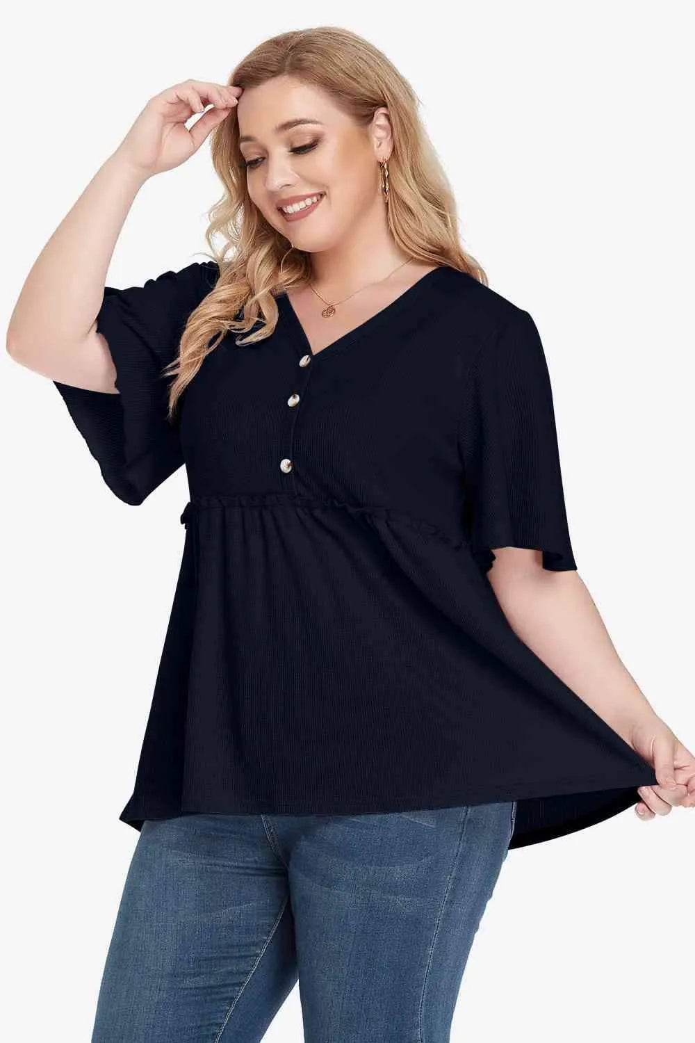 Plus Size Buttoned V-Neck Frill Trim Babydoll Blouse Blouses - Tophatter Daily Deals