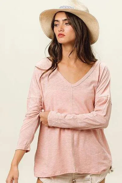 BiBi Exposed Seam V-Neck Long Sleeve T-Shirt Women's T-Shirts - Tophatter Daily Deals