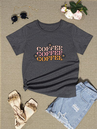 COFFEE Round Neck Short Sleeve T-Shirt Charcoal Women's T-Shirts - Tophatter Daily Deals