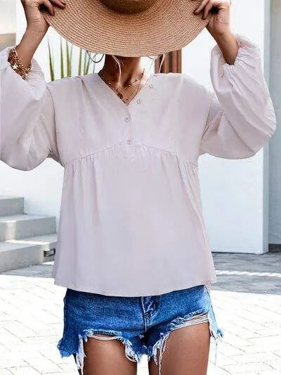V-Neck Buttoned Balloon Sleeve Blouse Blouses - Tophatter Daily Deals