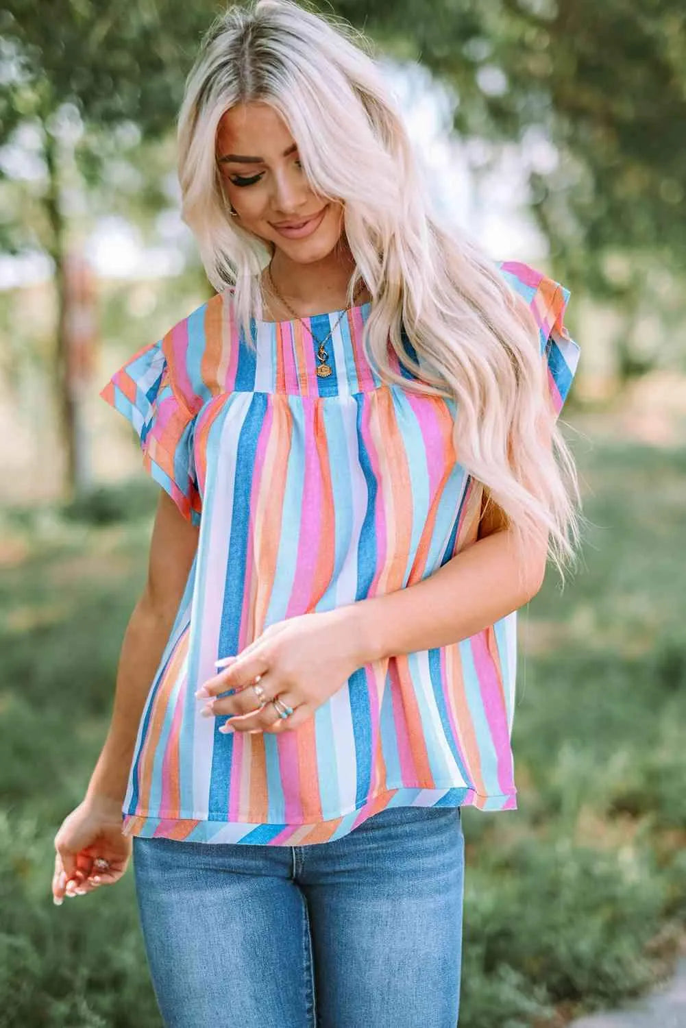 Multicolored Stripe Flutter Sleeve Blouse Blouses - Tophatter Daily Deals