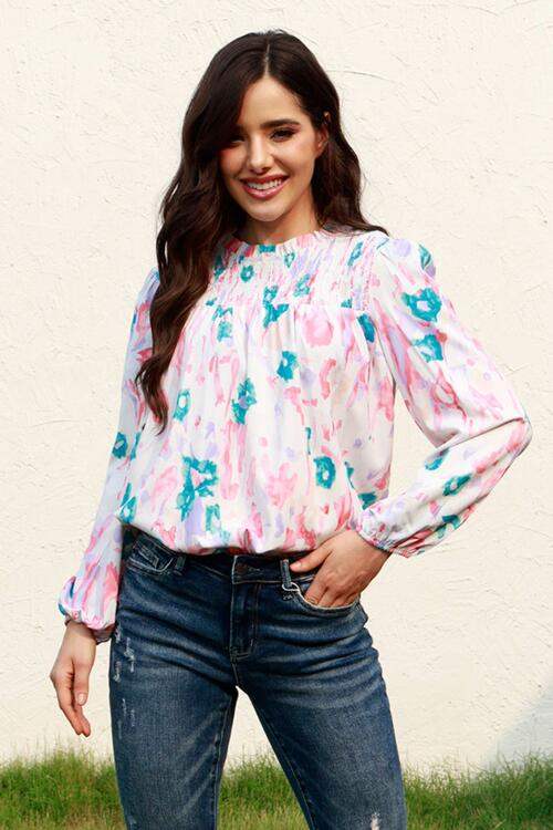 Floral Smocked Balloon Sleeve Round Neck Blouse Multicolor Blouses - Tophatter Daily Deals