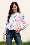 Floral Smocked Balloon Sleeve Round Neck Blouse Multicolor Blouses - Tophatter Daily Deals