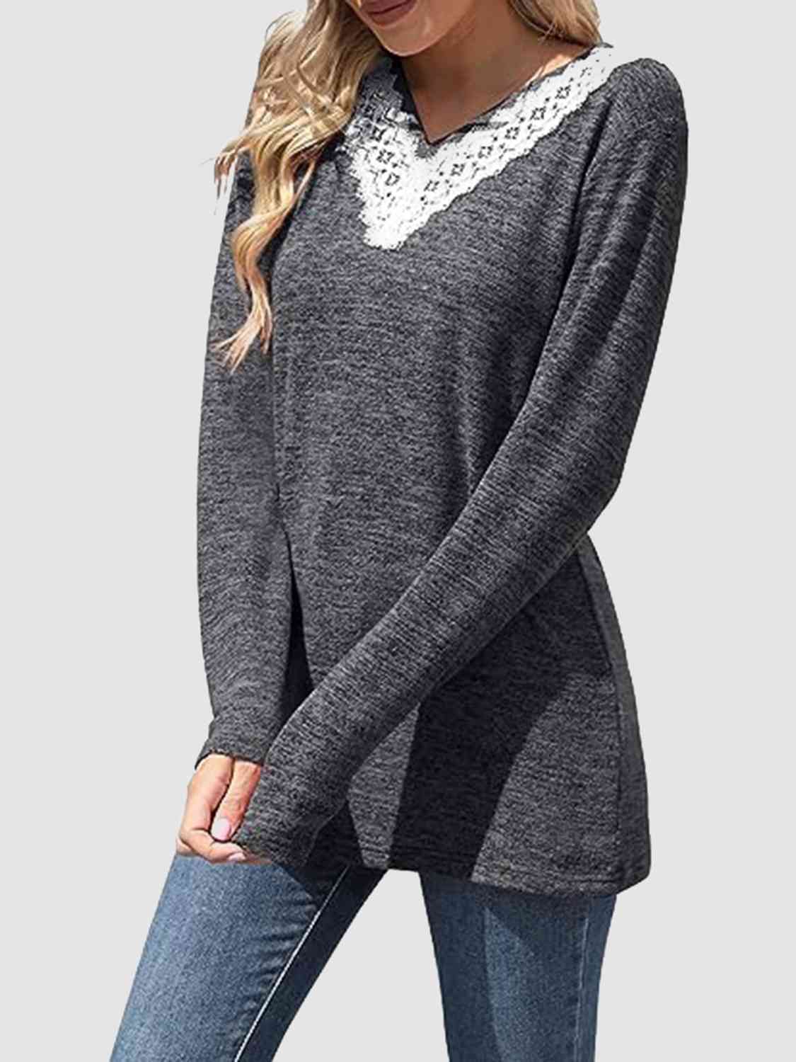 Lace Detail V-Neck Long Sleeve Top Women's T-Shirts - Tophatter Daily Deals