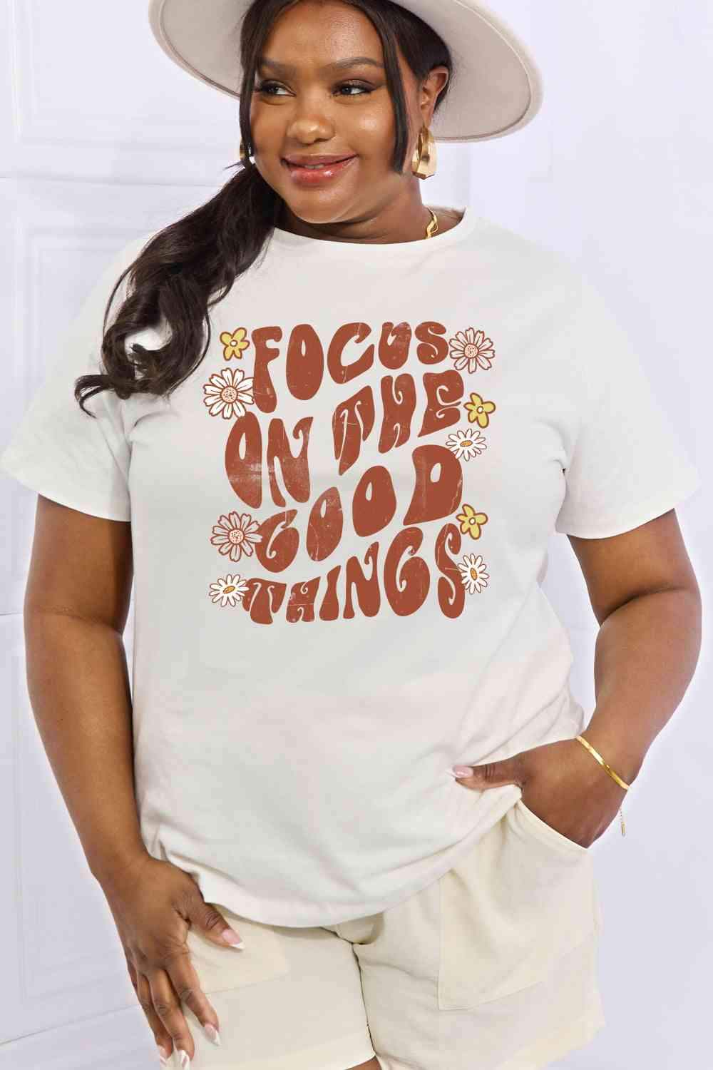 Simply Love Full Size FOCUS ON THE GOOD THINGS Graphic Cotton Tee Women's T-Shirts - Tophatter Daily Deals