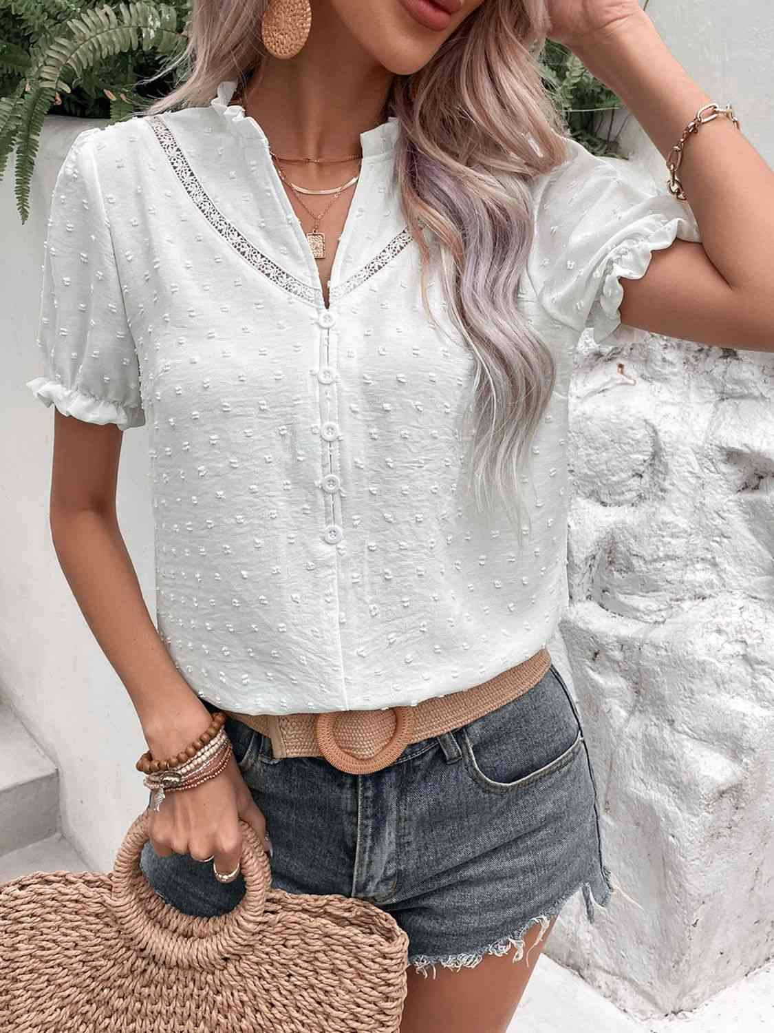 Swiss Dot Buttoned Puff Sleeve Blouse Blouses - Tophatter Daily Deals