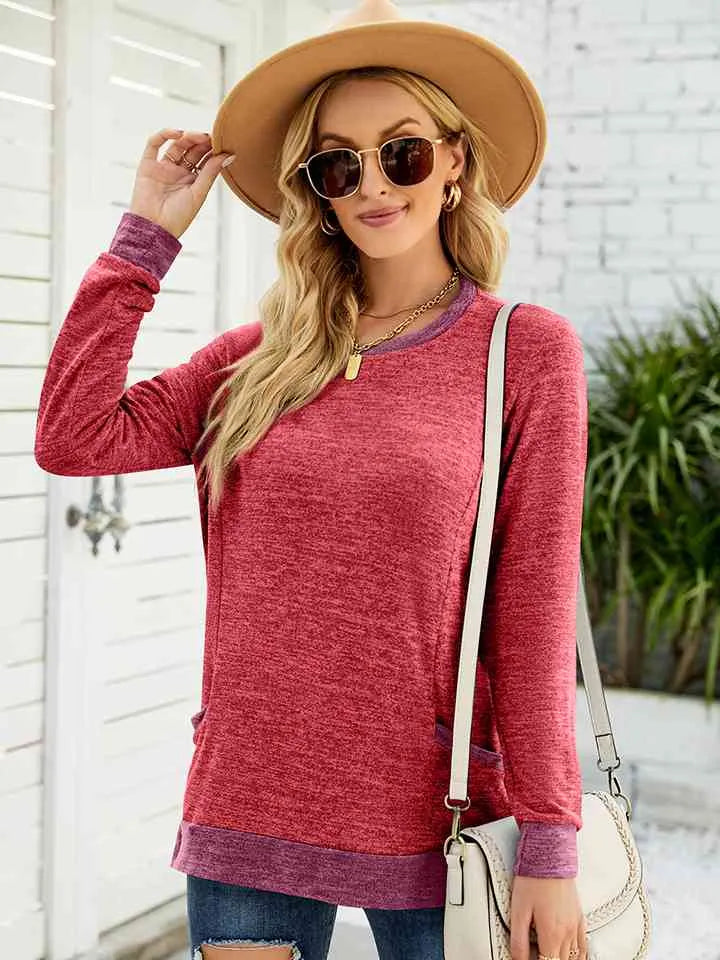 Round Neck Long Sleeve Blouse Red Blouses - Tophatter Daily Deals