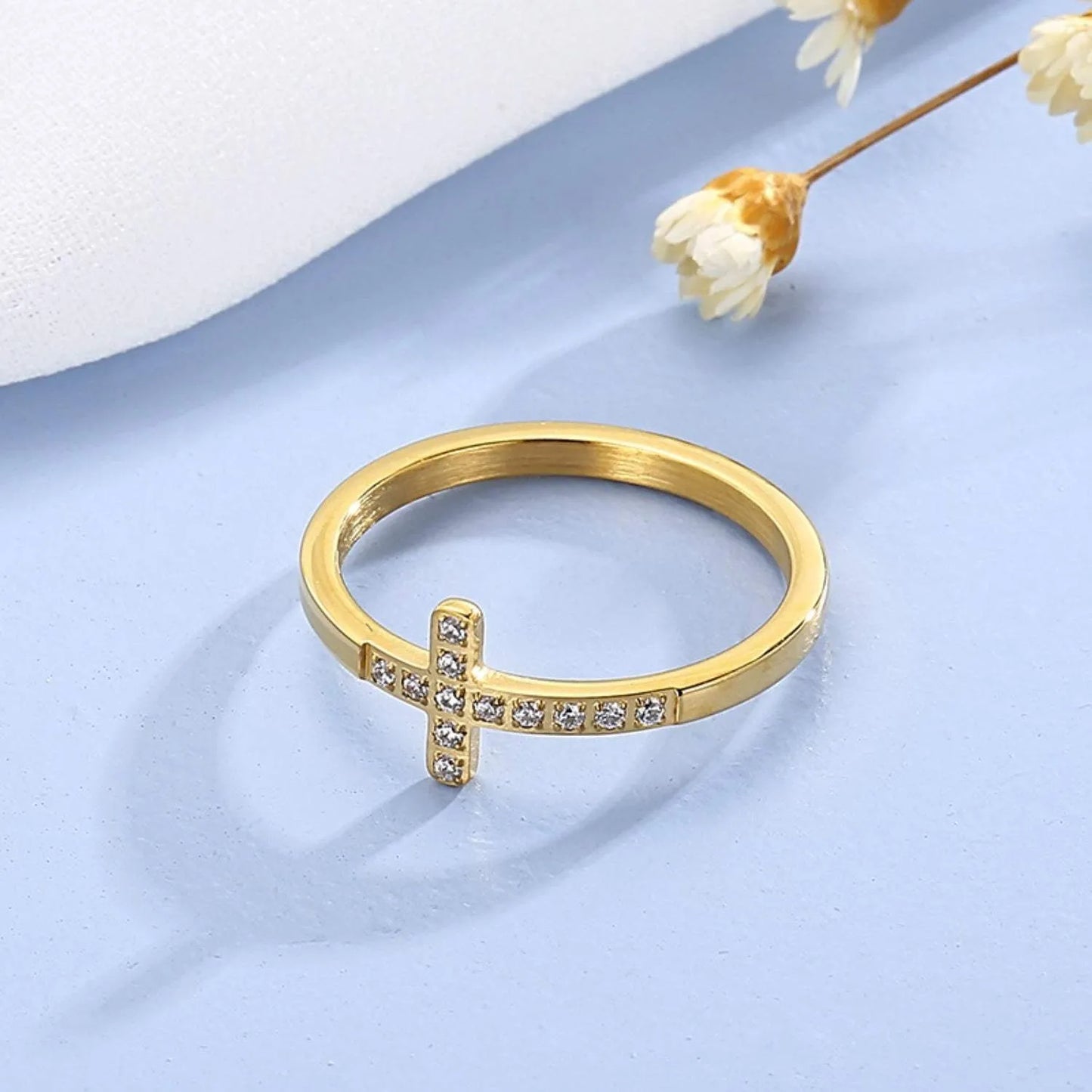 Inlaid Zircon Stainless Steel Cross Ring Gold Rings - Tophatter Daily Deals
