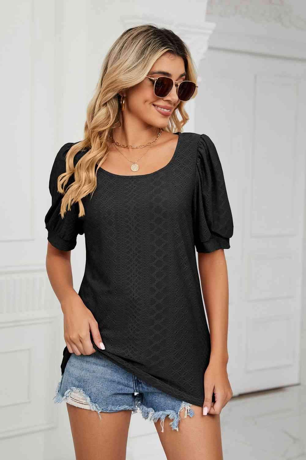 Eyelet Puff Sleeve Round Neck Top Blouses - Tophatter Daily Deals