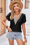 Eyelet V-Neck Petal Sleeve T-Shirt Black Women's T-Shirts - Tophatter Daily Deals