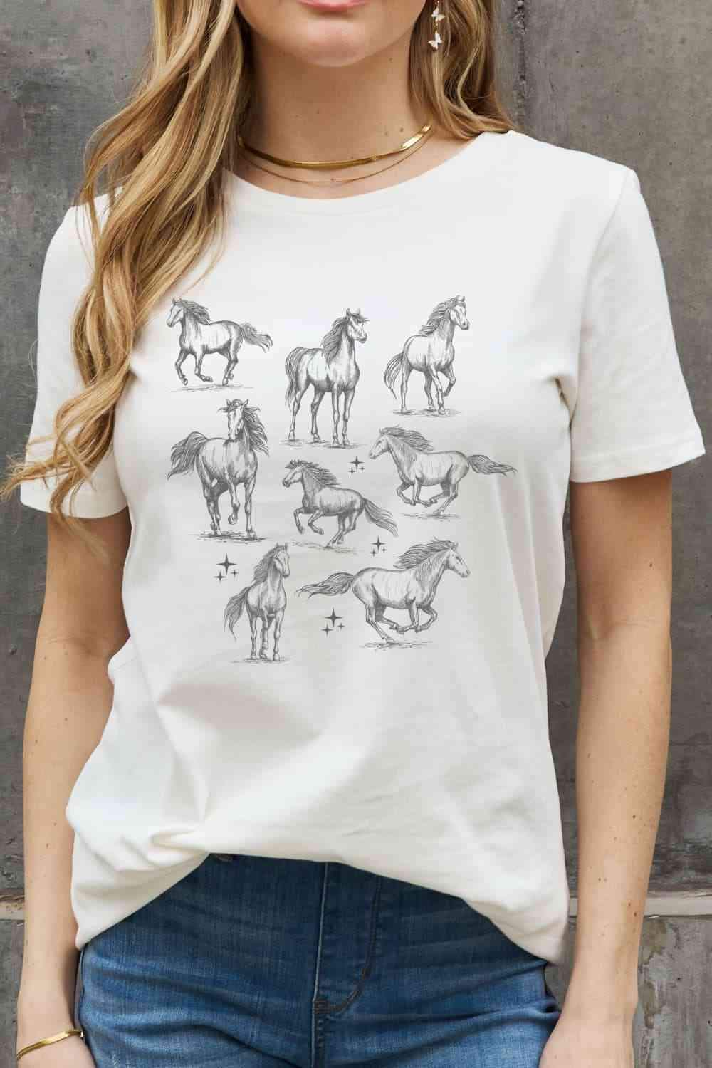 Simply Love Horse Graphic Cotton T-Shirt Bleach Women's T-Shirts - Tophatter Daily Deals