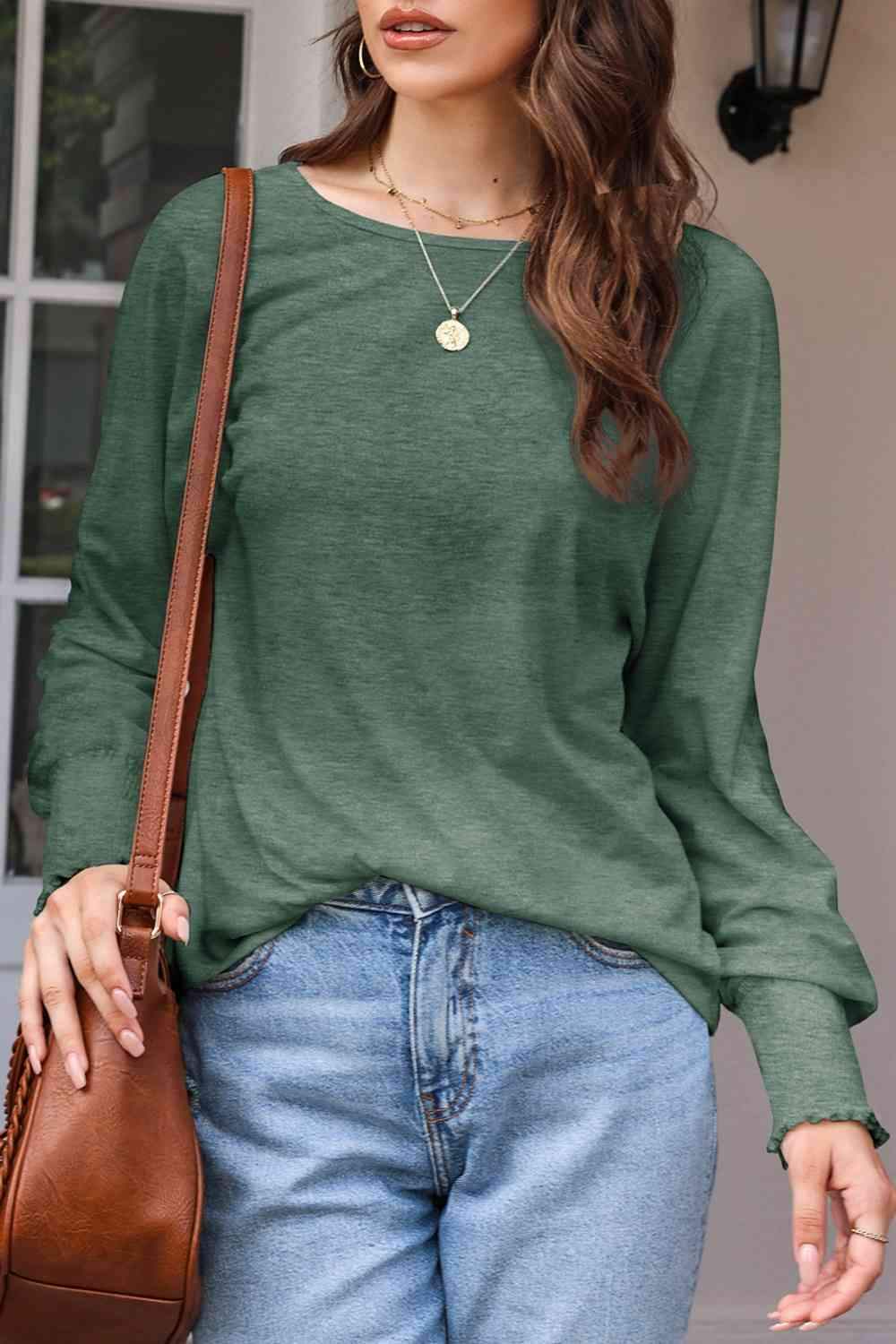 Round Neck Smocked Long Sleeve Blouse Blouses - Tophatter Daily Deals