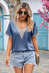 Contrast Trim Short Sleeve Plunge Blouse Cloudy Blue Blouses - Tophatter Daily Deals