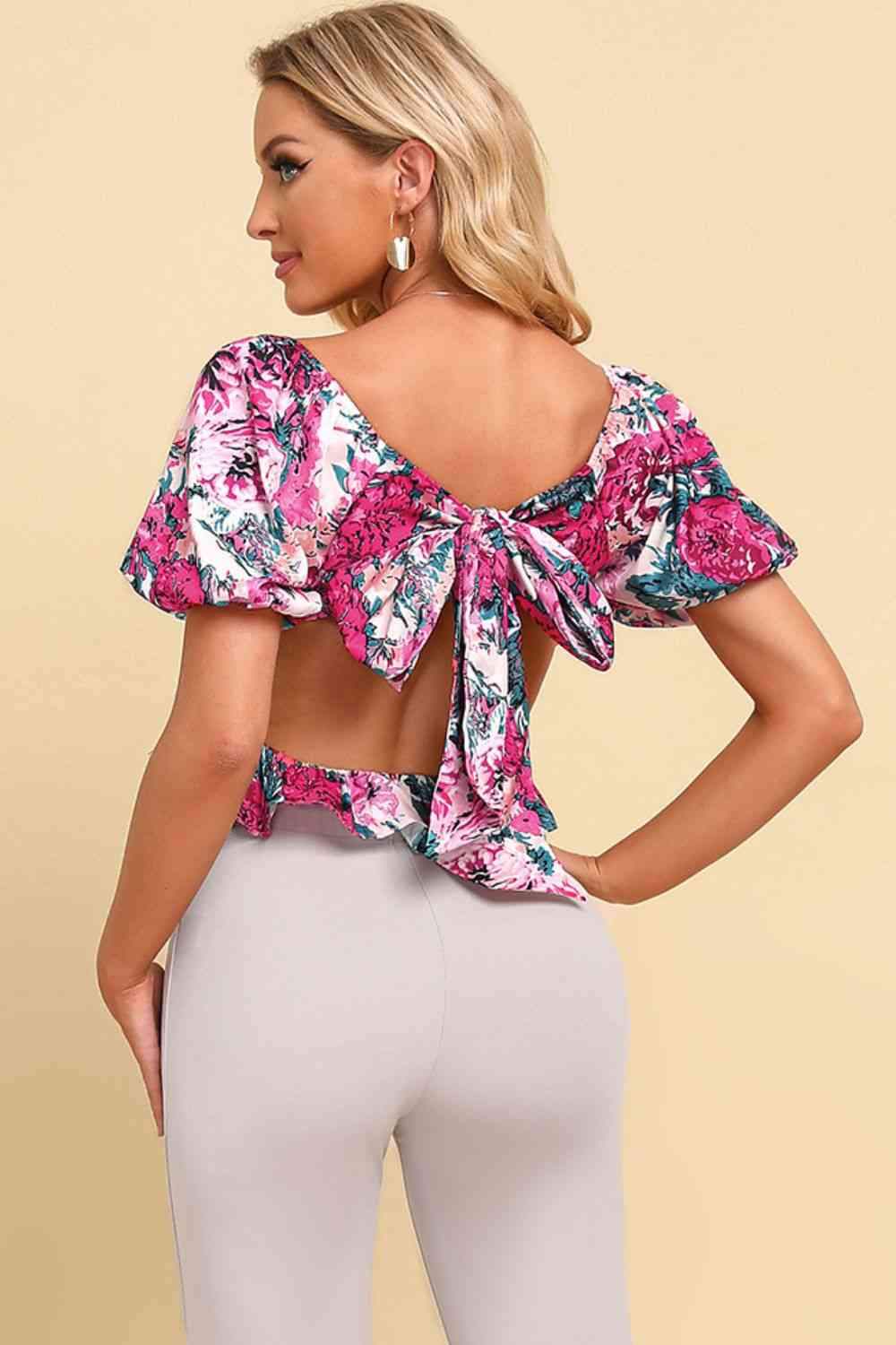 Floral Tied Cropped Peplum Blouse Blouses - Tophatter Daily Deals