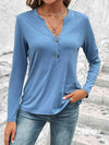 Buttoned Notched Neck Long Sleeve Top Sky Blue Blouses - Tophatter Daily Deals