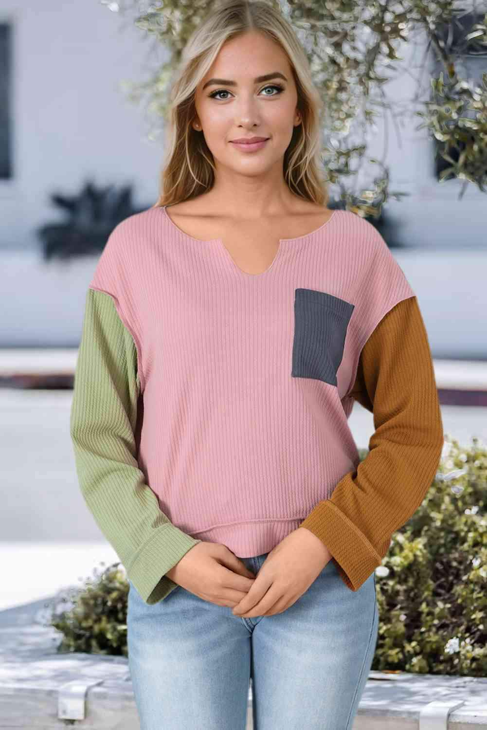 Notch Neck Color Block Top Dusty Pink Women's T-Shirts - Tophatter Daily Deals