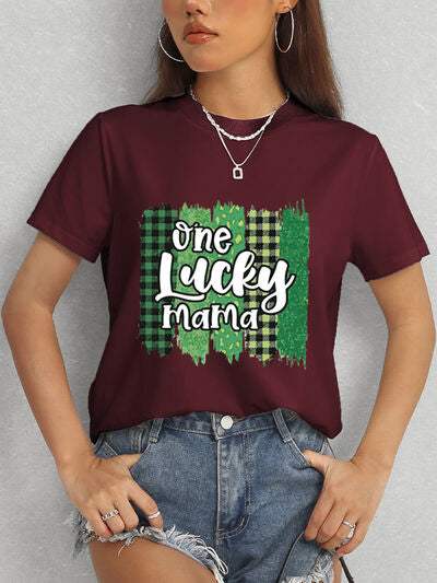 ONE LUCKY MAMA Round Neck T-Shirt Wine Women's T-Shirts - Tophatter Daily Deals