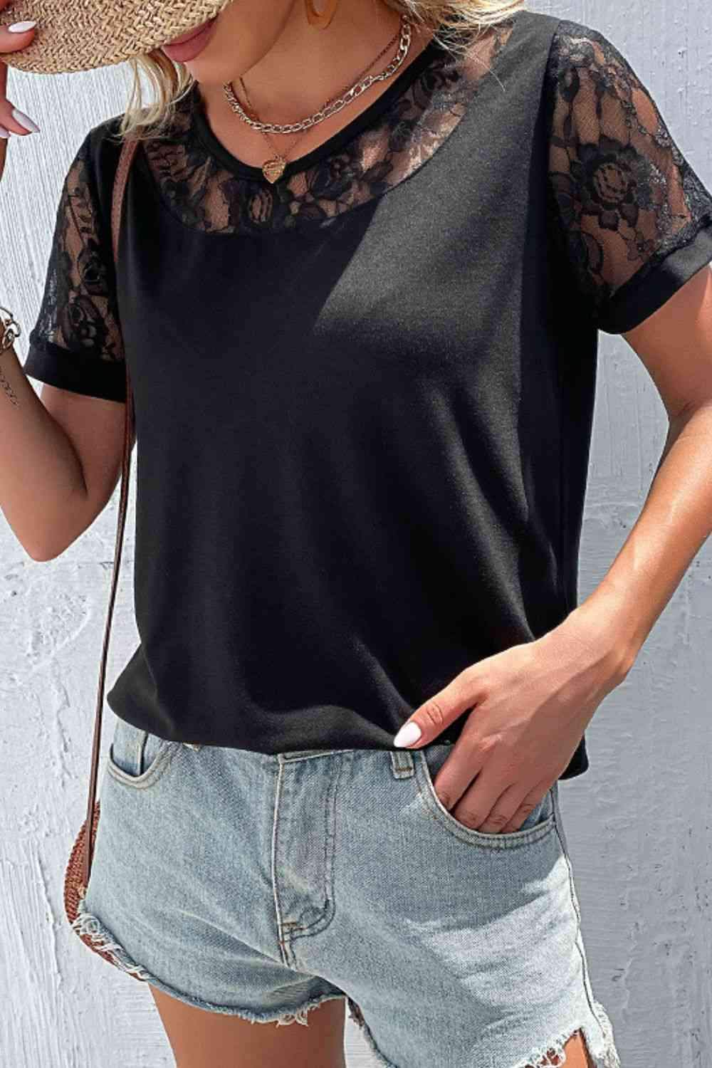 Spliced Lace Round Neck Short Sleeve Top Blouses - Tophatter Daily Deals