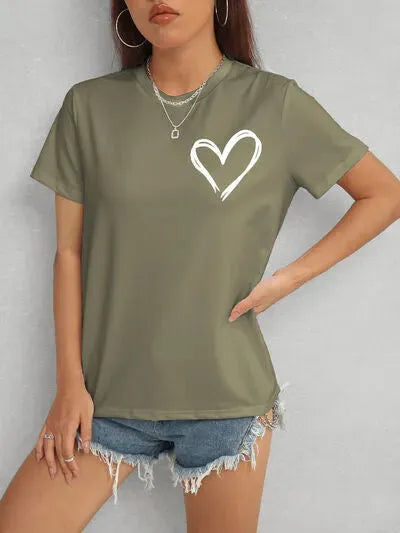 Heart Round Neck Short Sleeve T-Shirt Army Green Women's T-Shirts - Tophatter Daily Deals