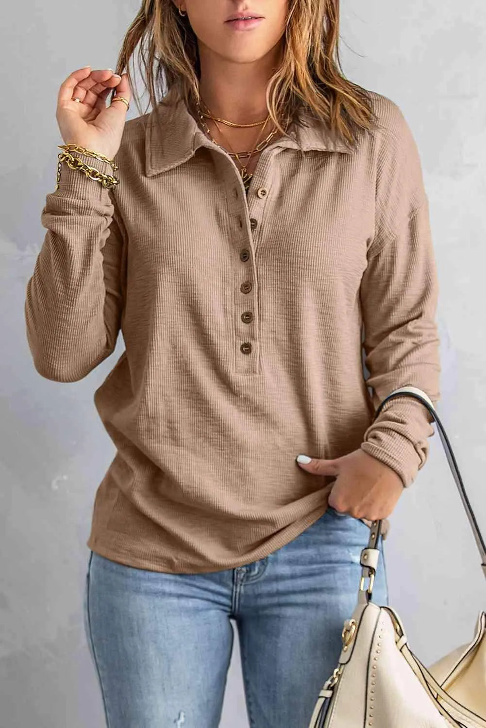 Half Button Collared Knit Top Khaki Blouses - Tophatter Daily Deals