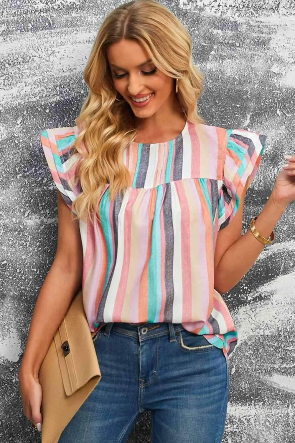 Multicolored Stripe Flutter Sleeve Blouse Blouses - Tophatter Daily Deals