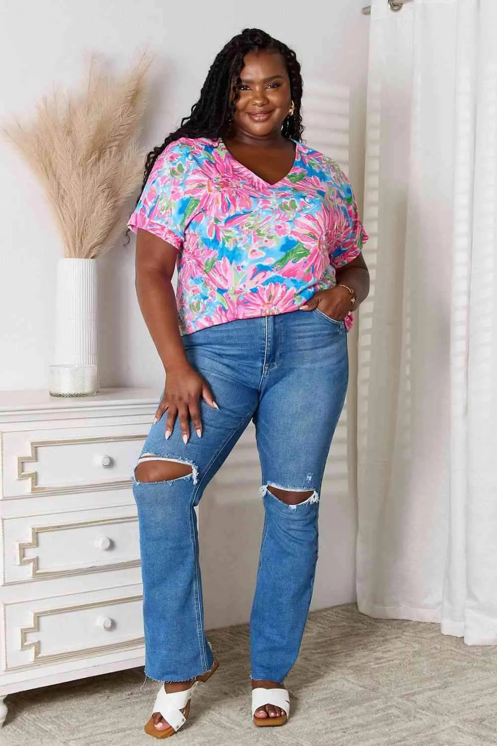 Double Take Floral V-Neck Short Sleeve Blouse Women's T-Shirts - Tophatter Daily Deals