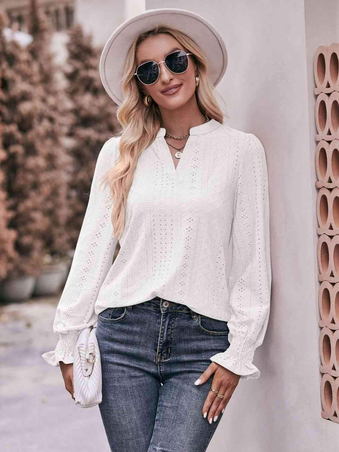 Double Take Eyelet Notched Neck Flounce Sleeve Blouse White Blouses - Tophatter Daily Deals