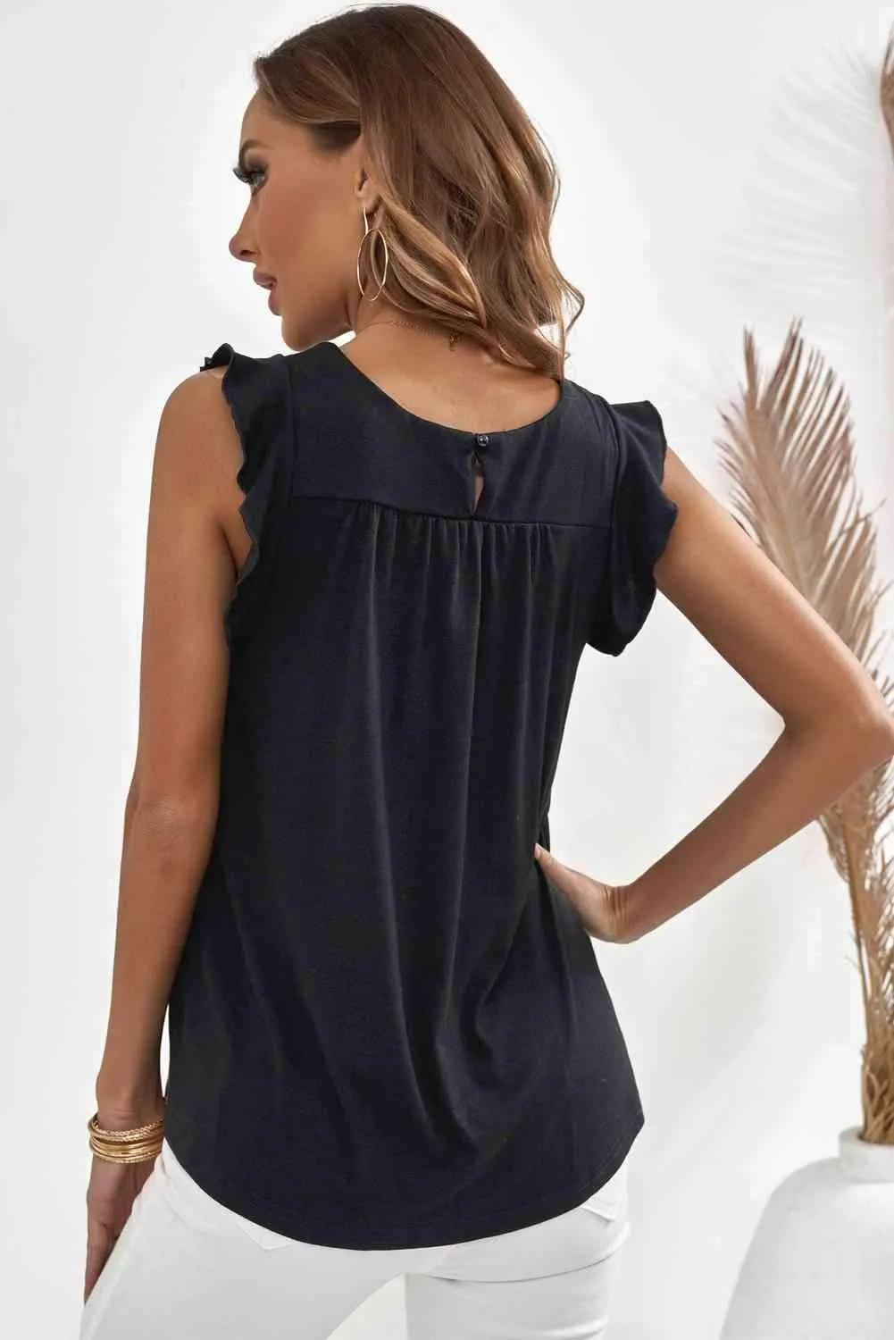 Keyhole Back Ruffle Shoulder Sleeveless Top Blouses - Tophatter Daily Deals
