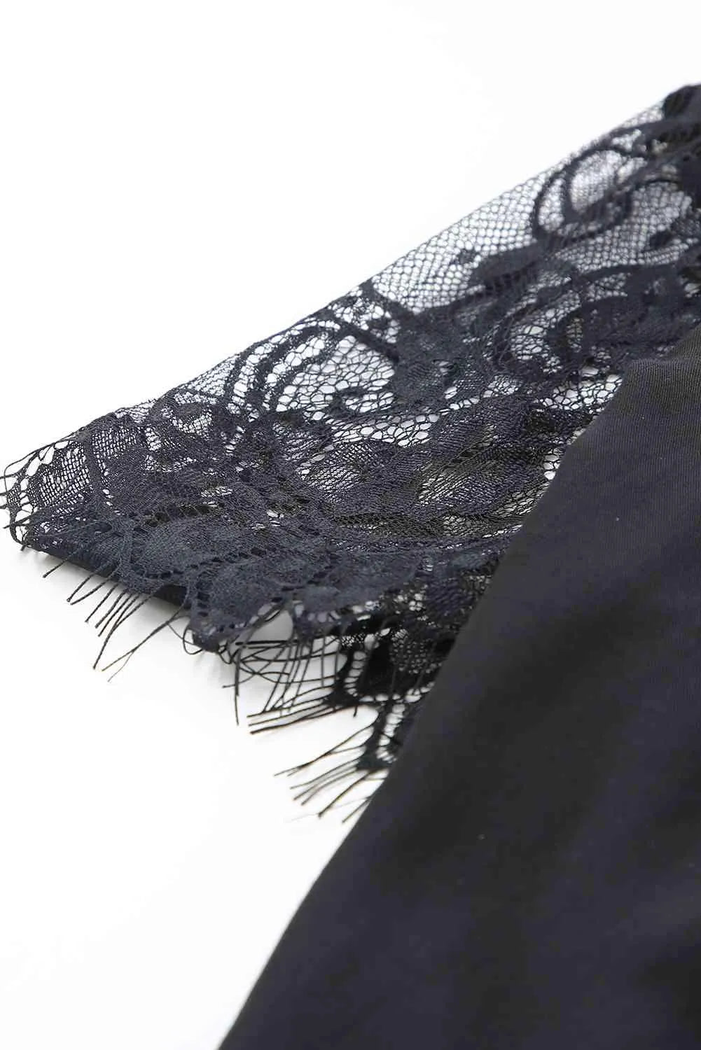 Strappy Neck Spliced Lace Eyelash Trim Blouse Blouses - Tophatter Daily Deals