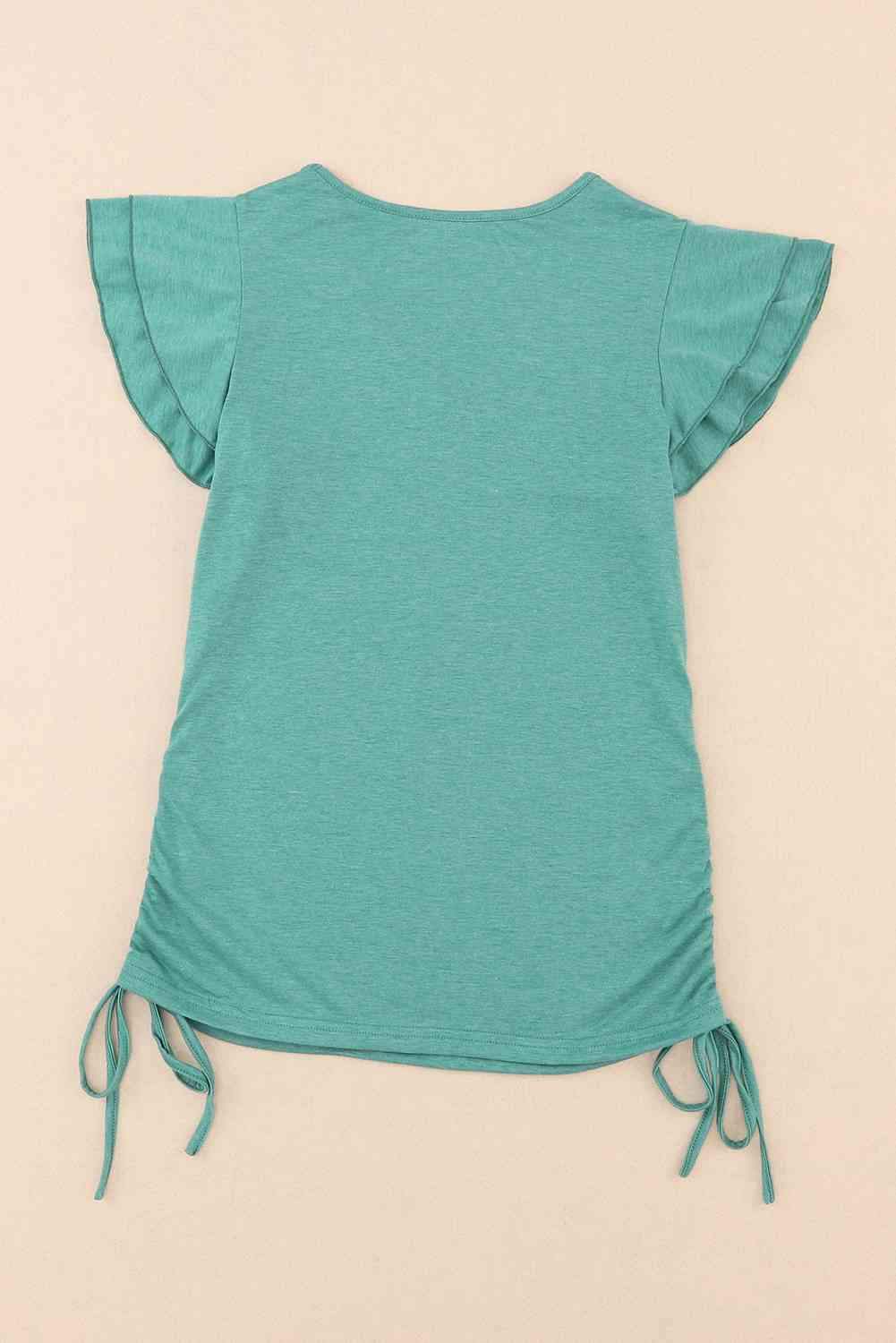 V-Neck Drawstring Layered Flutter Sleeve Tee Women's T-Shirts - Tophatter Daily Deals