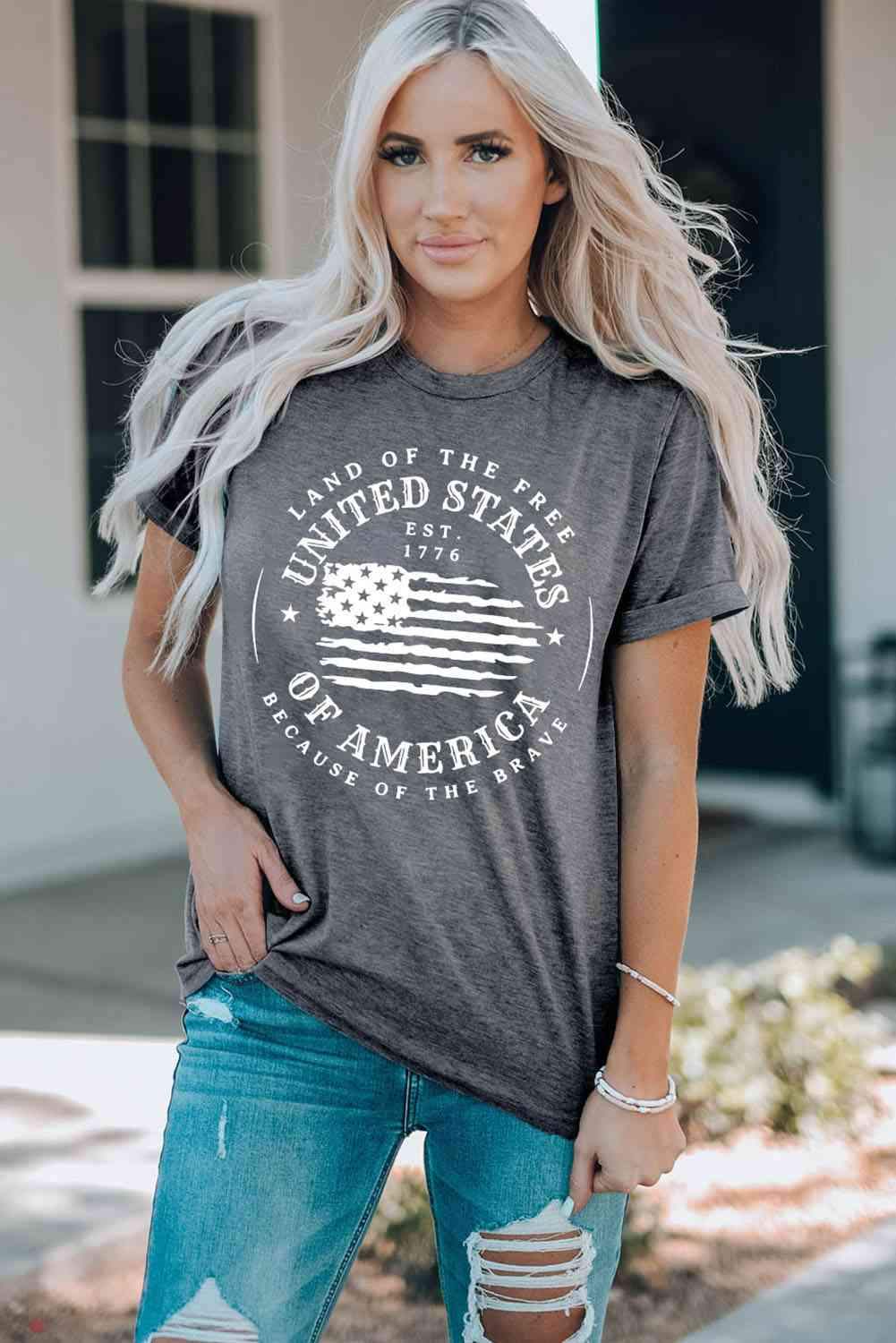 US Flag Graphic Short Sleeve Tee Mid Gray Women's T-Shirts - Tophatter Daily Deals