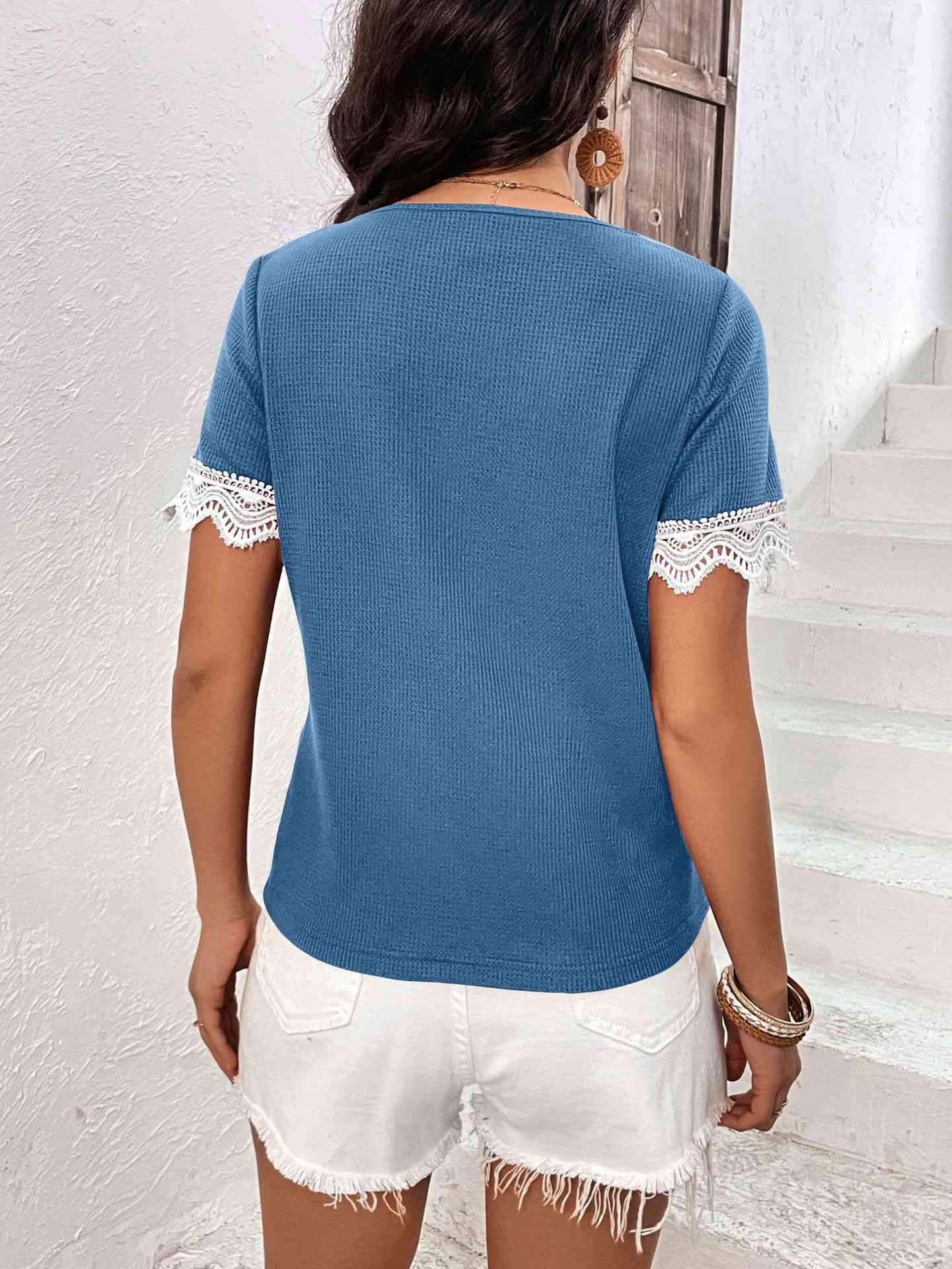 Decorative Button Spliced Lace Short Sleeve Top Blouses - Tophatter Daily Deals