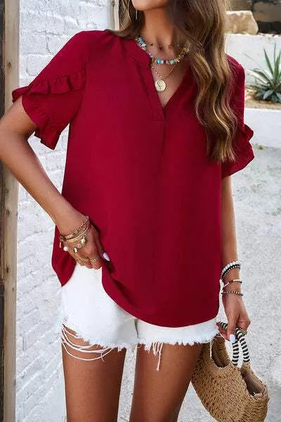 Notched Ruffled Petal Sleeve T-Shirt Women's T-Shirts - Tophatter Daily Deals