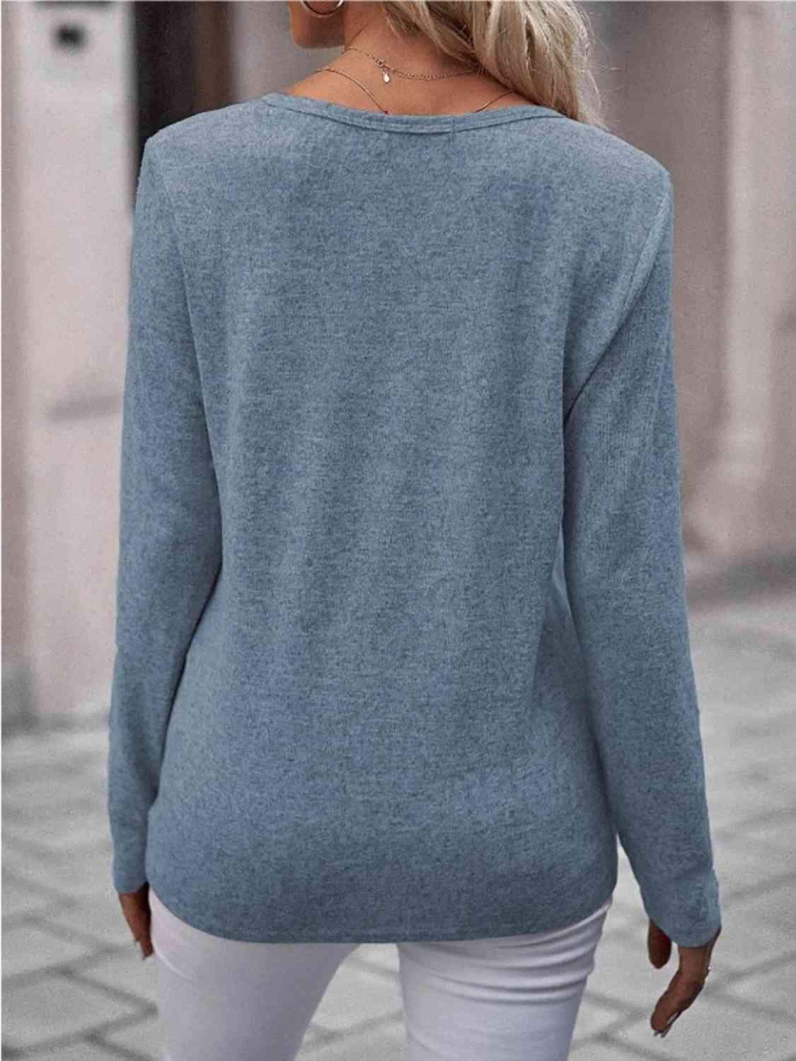 Round Neck Buttoned Long Sleeve T-Shirt Women's T-Shirts - Tophatter Daily Deals