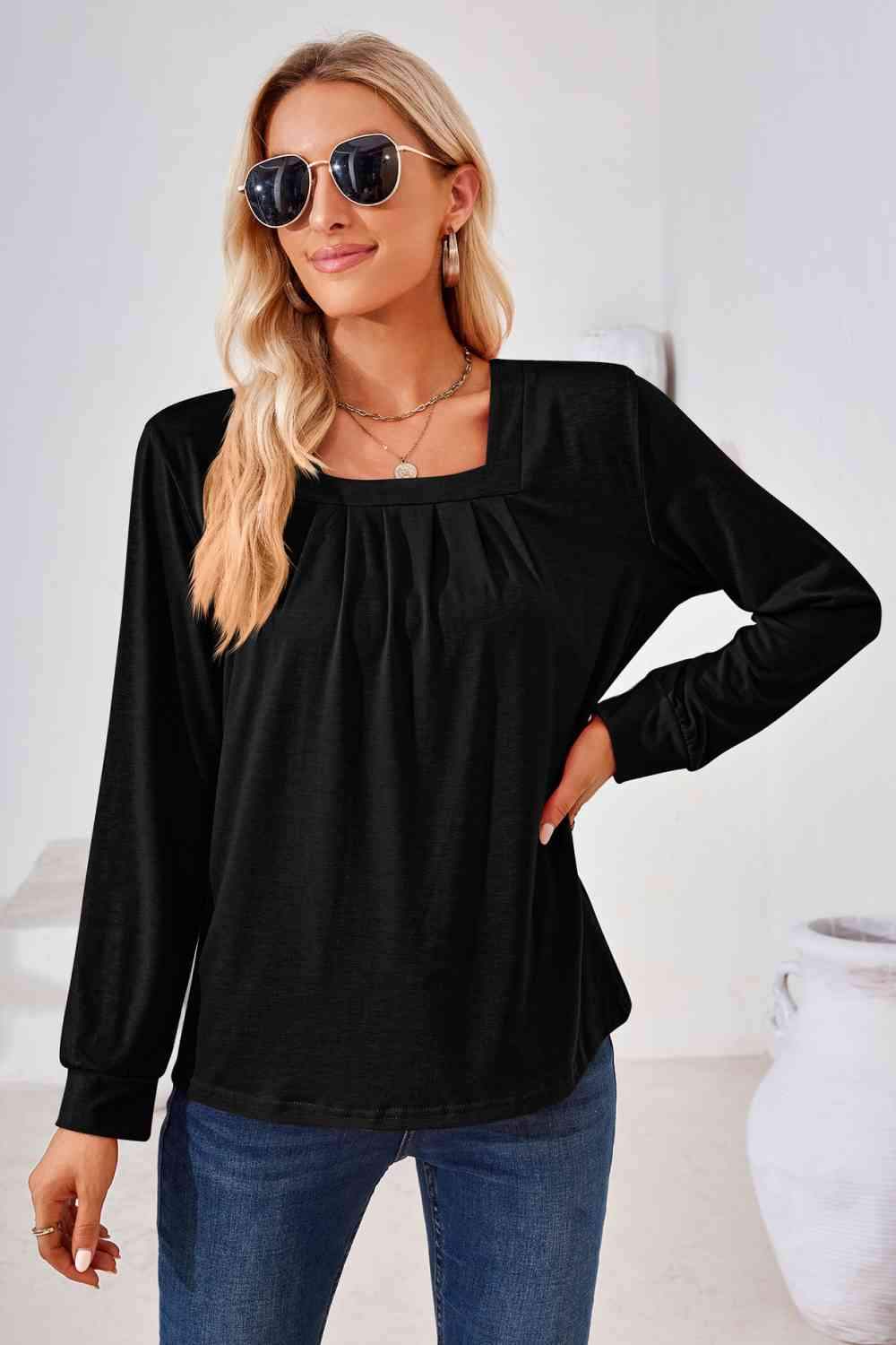 Square Neck Ruched Long Sleeve Blouse Black Blouses - Tophatter Daily Deals